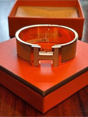 Hermes Enamel Clic H Bracelet in Brown and Gold (protective wrap still on!)